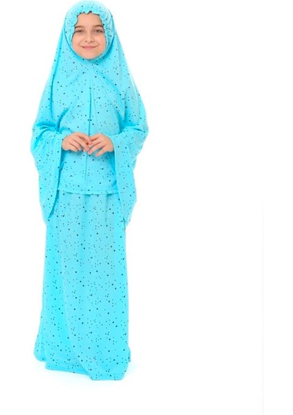 Kız Çocuk Namaz Elbisesi Yıldız Desen Uzun Etek ve Başörtü Takım 938