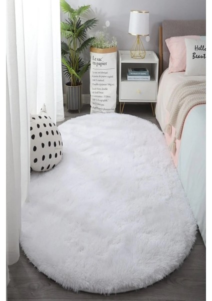 Beyaz Yıkanabilir Yumuşak Kaymaz Özel Taban Oval Peluş Halı Yolluk fırsatları