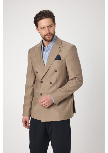 Fatuse Erkek Bej Kruvaze 6 Adet Metal Düğmeli 4 Mevsim Blazer Ceket