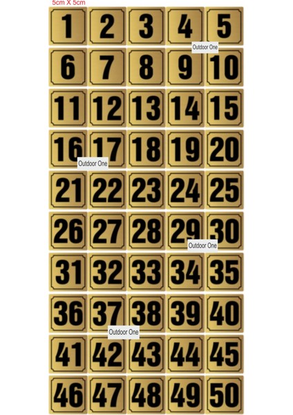 Kapı, Masa, Dolap Numarası Metal 1-50 Arası Sıralı 5x5 cm Arkası Yapışkanlı Gold Renk 004