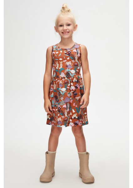 Kahverengi Forest Animals Kız Çocuk Desenli Kolsuz Elbise