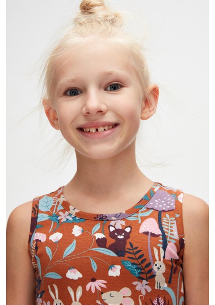 Kahverengi Forest Animals Kız Çocuk Desenli Kolsuz Elbise fiyatları