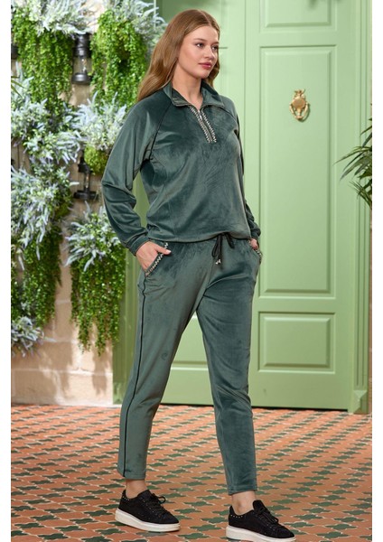 25306 Kadın Uzun Kollu Kadife Eşofman Takımı-Yeşil fiyatları