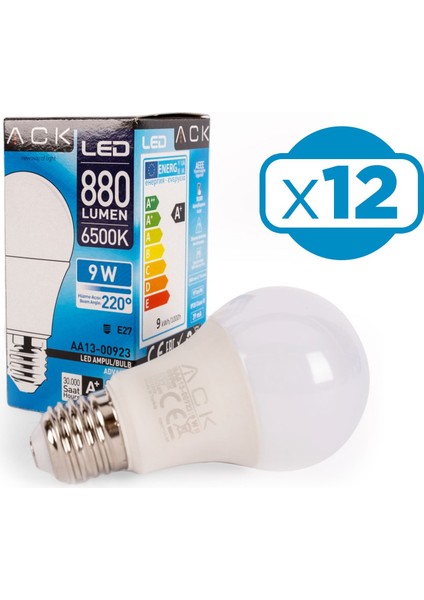 9W A60 Ampul 6500K Beyaz Işık 220V E27 12'li Paket