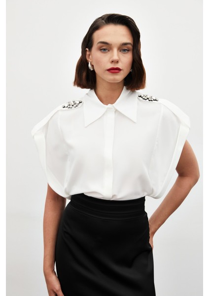 Omuz Aksesuarlı Kısa Kol Gömlek - Ekru fiyatları