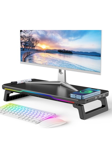Hub Bilgisayar Standı Kablosuz Şarj Rgb Aydınlatmalı Monitör Standı (Yurt Dışından)