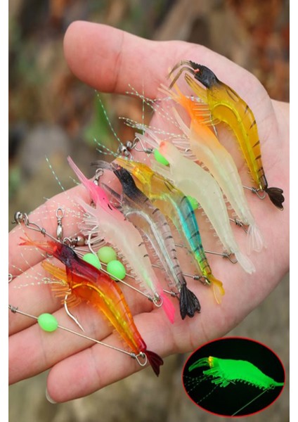 7 Renk Karides Shrimp Kancalı Fosforlu 8.5 cm 6 gr Silikon Yem (7 Adet)