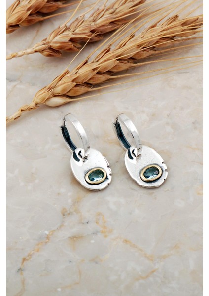 Akuamarin Taşlı Plaka Elişi Gümüş Halka Küpe 7239