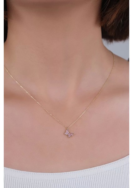 14 Ayar Altın Pembe Kelebek Kolye