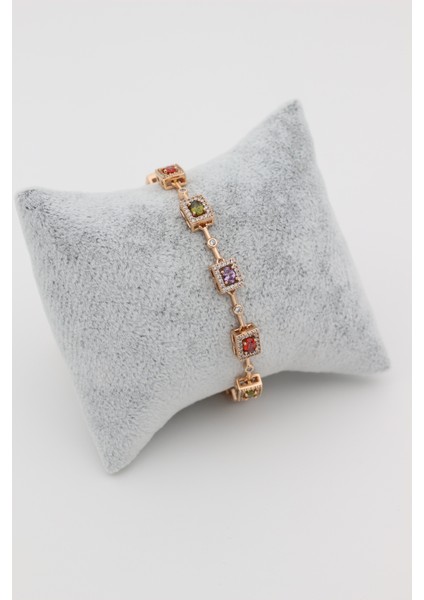 Xupıng Jewelry 14 Ayar Altın Kaplama,kare Renkli Zirkon Taşlı Rose Bileklik fiyatları