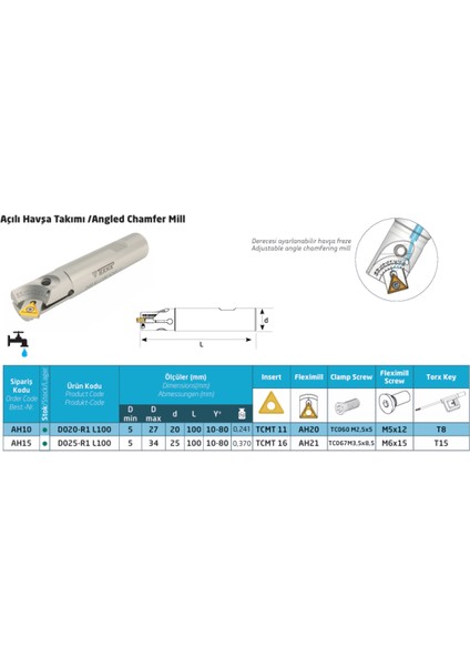 20 mm Çap Açılı Pah Freze D020-R1 L100 (TCMT11) AH10