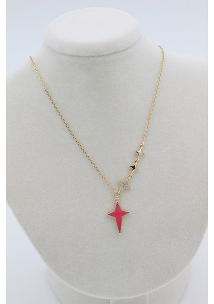 Xupıng Jewelry 14 Ayar Altın Kaplama, Yıldız Zirkon Taşlı Pembe Kolye