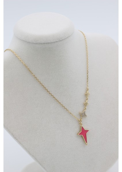 Xupıng Jewelry 14 Ayar Altın Kaplama, Yıldız Zirkon Taşlı Pembe Kolye fiyatları