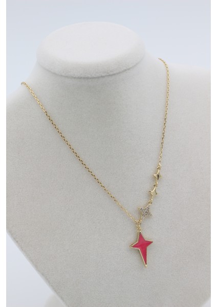 Xupıng Jewelry 14 Ayar Altın Kaplama, Yıldız Zirkon Taşlı Pembe Kolye modelleri