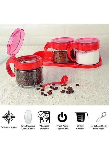 Kırmızı 3lü Standlı Kapaklı Kaşıklı Cam Hava Sızdırmaz Baharatlık Takımı KC-386 modelleri