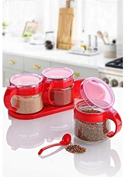 Kırmızı 3lü Standlı Kapaklı Kaşıklı Cam Hava Sızdırmaz Baharatlık Takımı KC-386 indirimleri