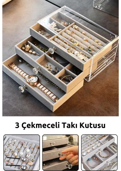 Modern Gri 3 Çekmeceli Takı Bijuteri Mücevher Kutusu Organizer Düzenleyici Şeffaf 13 x 23 x 10 cm fiyatları