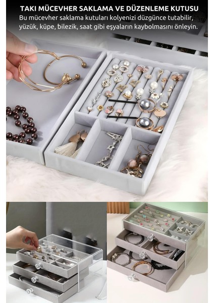Modern Gri 3 Çekmeceli Takı Bijuteri Mücevher Kutusu Organizer Düzenleyici Şeffaf 13 x 23 x 10 cm modelleri