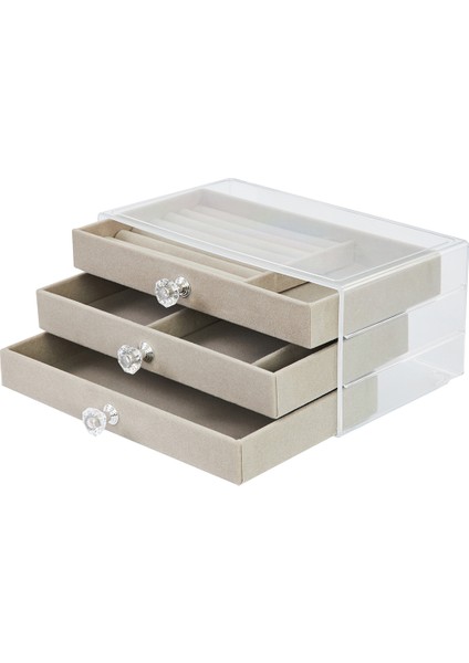 Modern Gri 3 Çekmeceli Takı Bijuteri Mücevher Kutusu Organizer Düzenleyici Şeffaf 13 x 23 x 10 cm indirimleri