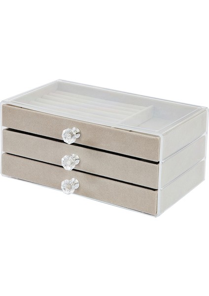 Modern Gri 3 Çekmeceli Takı Bijuteri Mücevher Kutusu Organizer Düzenleyici Şeffaf 13 x 23 x 10 cm