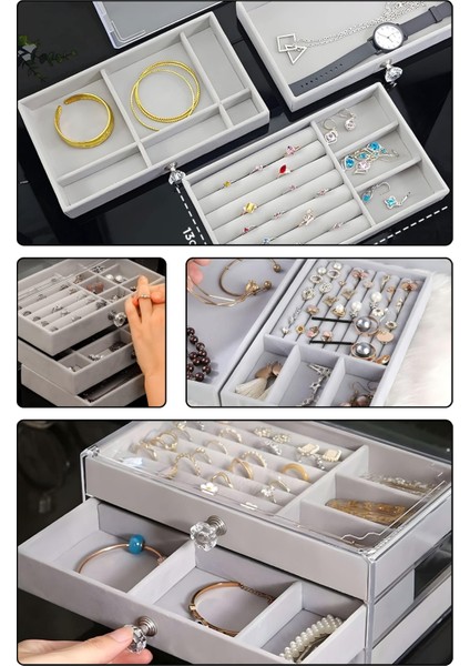 Modern Gri 3 Çekmeceli Takı Bijuteri Mücevher Kutusu Organizer Düzenleyici Şeffaf 13 x 23 x 10 cm