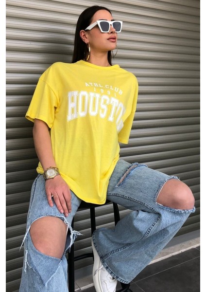 Houston Baskılı Kadın Oversize Sarı T-Shirt Unisex fırsatları