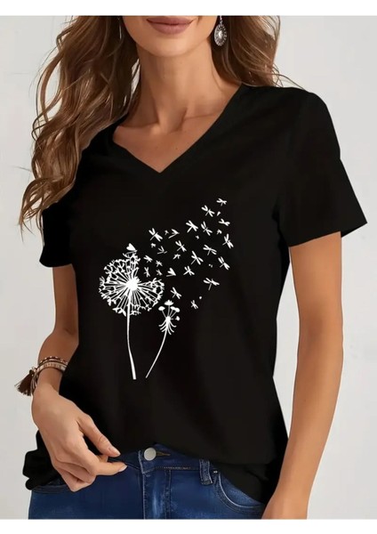 Kadın Baskılı Kadın Oversize V Yaka T-Shirt Salaş