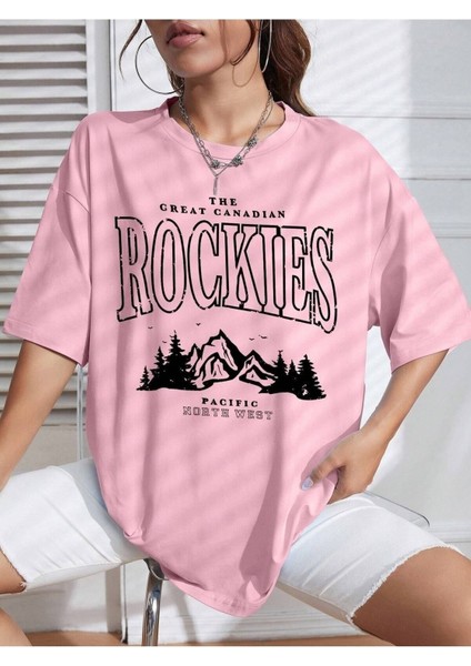 Rockıes Baskılı Siyah Oversize T-Shirt Salaş Boyfirend fiyatları