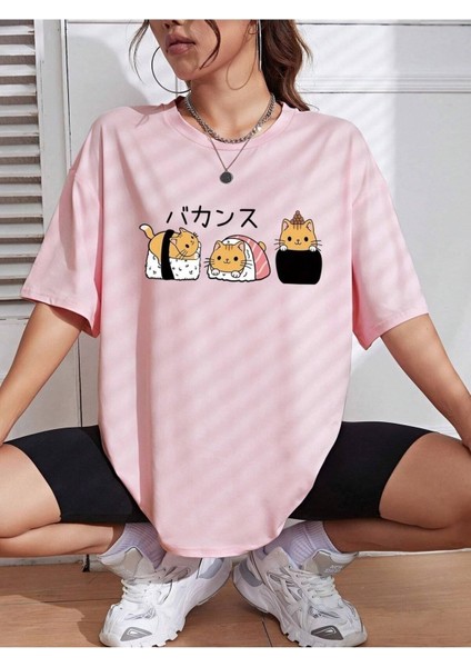 Kedi Halleri Baskılı Kadın Oversize Salas T-Shirt Boyfriend