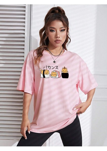 Kedi Halleri Baskılı Kadın Oversize Salas T-Shirt Boyfriend modelleri
