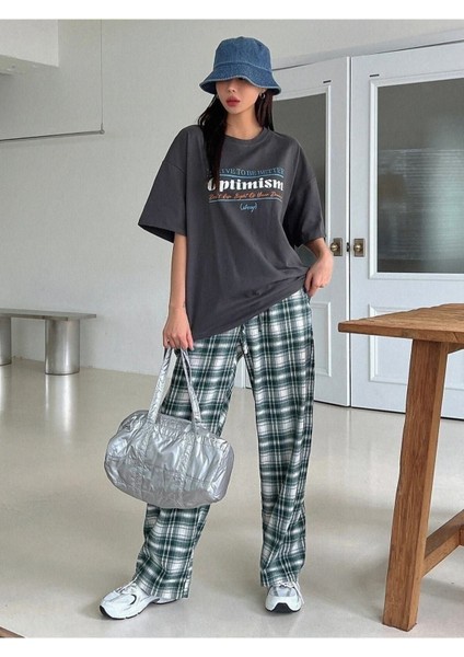 Kadın Antrasit Optimism Baskılı Oversize Bisiklet Yaka Salaş