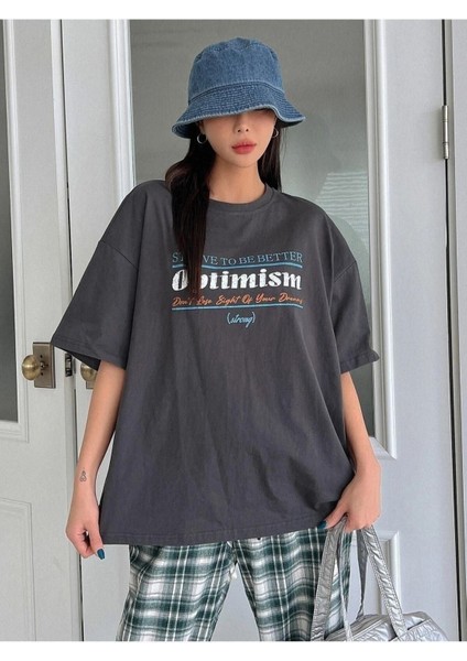 Kadın Antrasit Optimism Baskılı Oversize Bisiklet Yaka Salaş