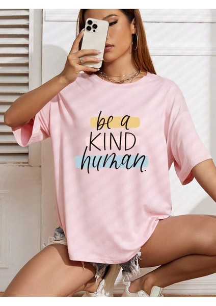 Be A Kind Human Baskılı Kadın Oversize Gri Salas T-Shirt Boyfriend