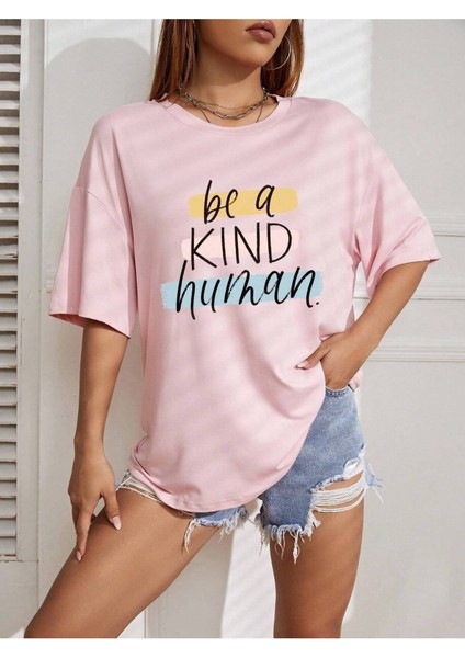 Be A Kind Human Baskılı Kadın Oversize Gri Salas T-Shirt Boyfriend