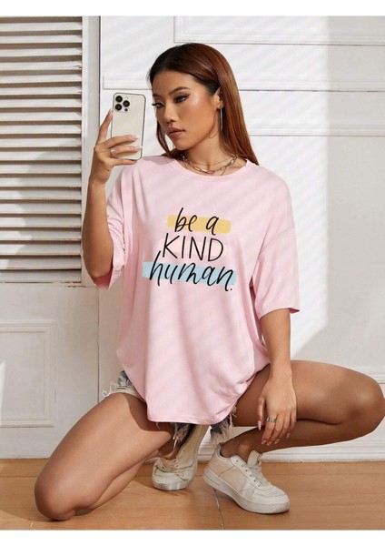Be A Kind Human Baskılı Kadın Oversize Gri Salas T-Shirt Boyfriend