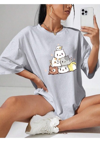 Cut Cats Baskılı Kadın Oversize Salas T-Shirt Boyfriend