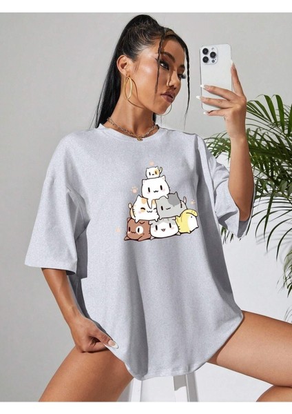 Cut Cats Baskılı Kadın Oversize Salas T-Shirt Boyfriend