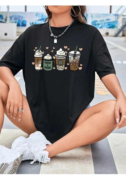 Coffee Caramel Baskılı Kadın Oversize T-Shirt Salaş Boyfirend