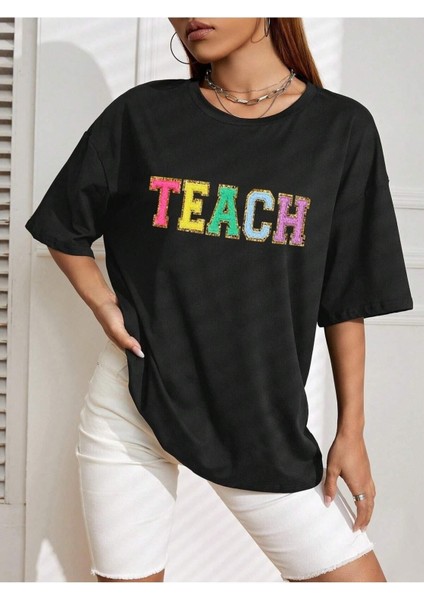 Theach Baskılı Siyah Oversize T-Shirt Salaş Boyfirend