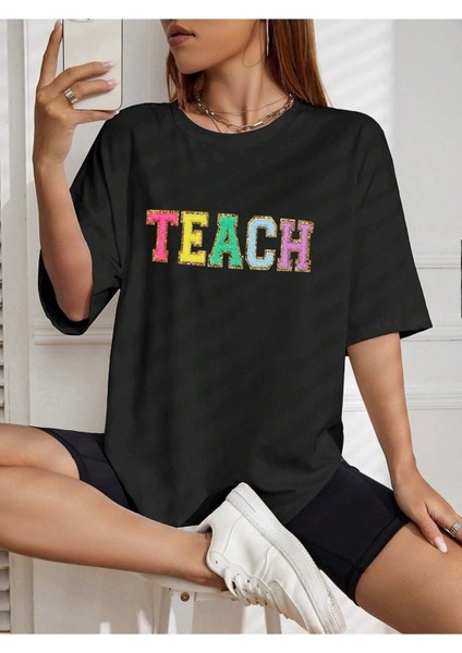 Theach Baskılı Siyah Oversize T-Shirt Salaş Boyfirend fiyatları