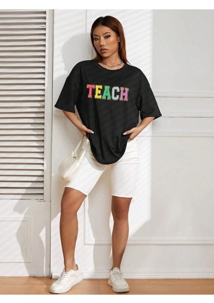 Theach Baskılı Siyah Oversize T-Shirt Salaş Boyfirend modelleri