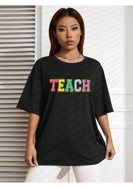 Theach Baskılı Siyah Oversize T-Shirt Salaş Boyfirend fırsatları