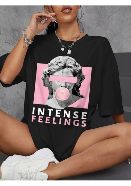 Intense Felling Baskılı Kadın Oversize Salas T-Shirt Boyfriend modelleri