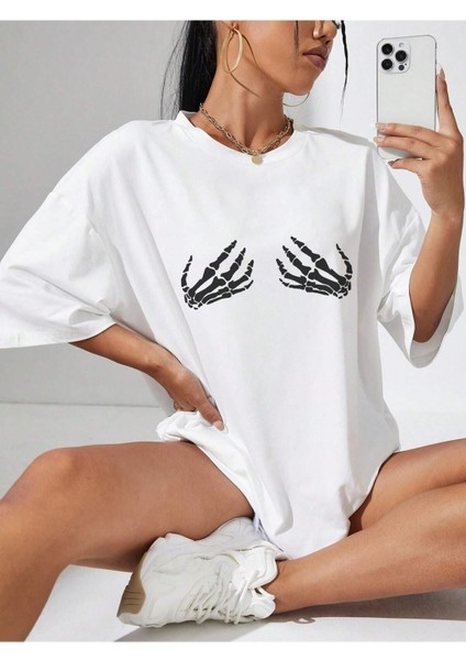 Iskelet Eli Baskılı Oversize T-Shirt Salaş Boyfirend