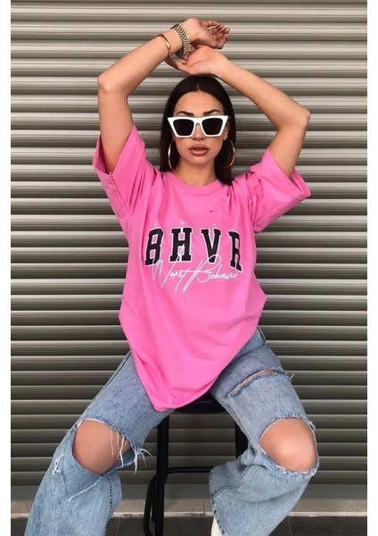 Kadın Bhvr Oversize Baskılı T-Shirt Bluz