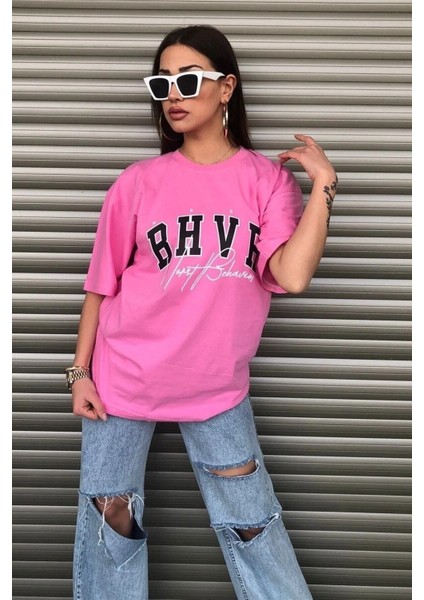 Kadın Bhvr Oversize Baskılı T-Shirt Bluz