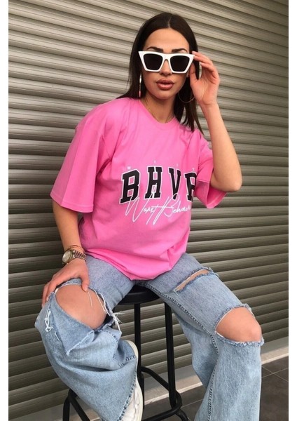 Kadın Bhvr Oversize Baskılı T-Shirt Bluz