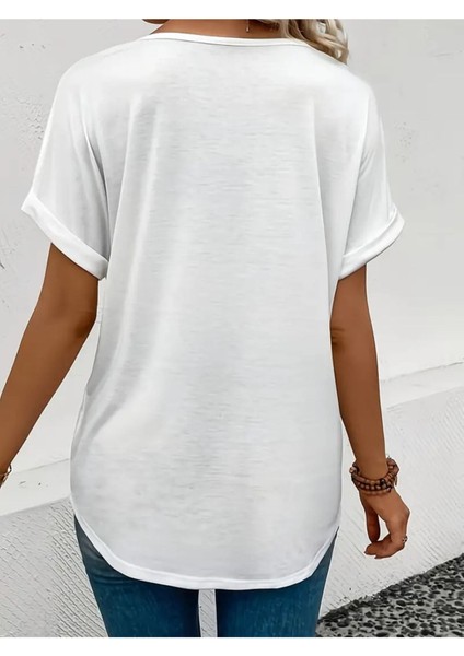 Kadın V Yaka Baskılı Beyaz Oversize T-Shirt Salaş fiyatları