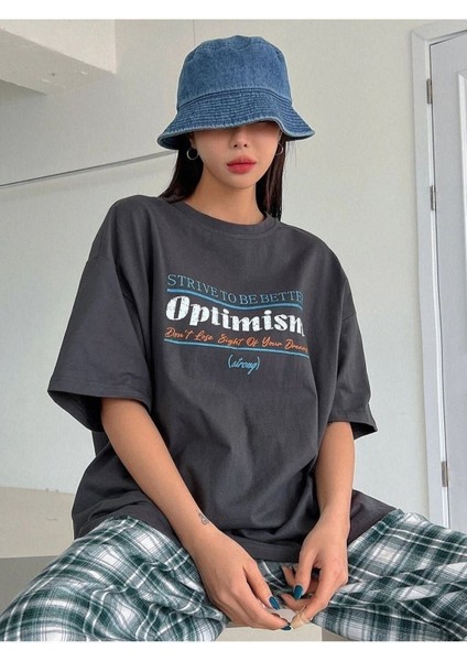 Kadın Antrasit Optimism Baskılı Oversize Bisiklet Yaka Salaş