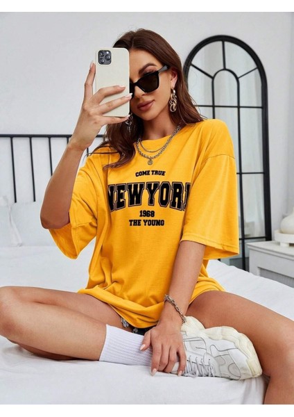 New York 1968 Baskılı Kadın Oversize Salas T-Shirt Boyfriend